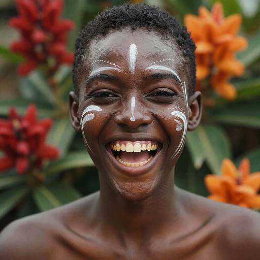 Photograph of a smiling young African boy with dark skin, short curly hair, white face paint patterns, and orange-red flowers in the background.