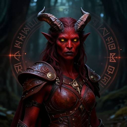 Digital artwork of a fierce, red-skinned demoness with glowing yellow eyes, large curved horns, and armor, standing in a dark forest. Background