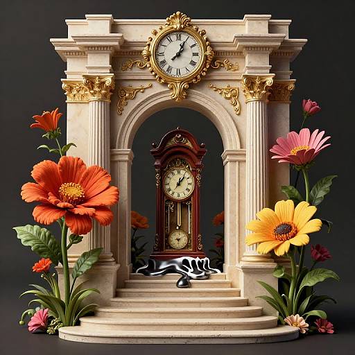 Photograph of an ornate, classical-style clock with gold accents, flanked by large, colorful flowers on a dark background.