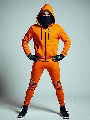 Man in Orange Hooded Outfit with Black Gloves