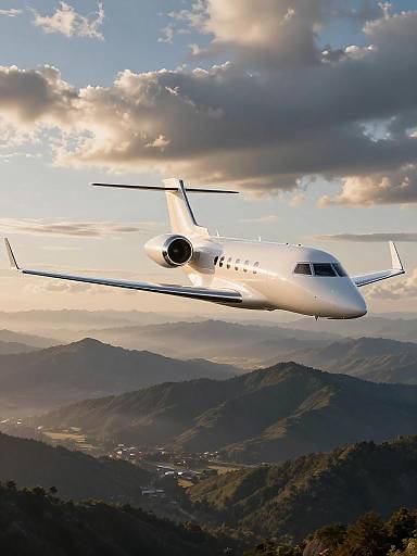 Sleek Business Jet Over Misty Mountains