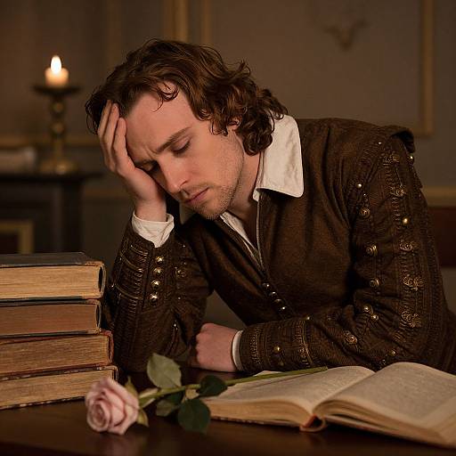Tired man with wavy brown hair in Victorian-style brown jacket and white shirt, rests head on hand over open book, candlelit room, stacked