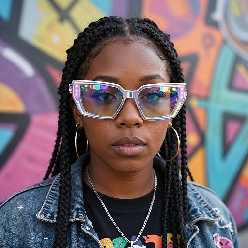Photograph of a young Black woman with braided hair, wearing colorful reflective glasses, large hoop earrings, denim jacket, and multicolored necklace,