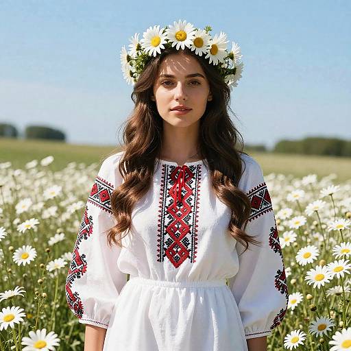 Young woman with long brown hair, wearing a white embroidered dress and daisy crown, stands in a sunlit daisy field.