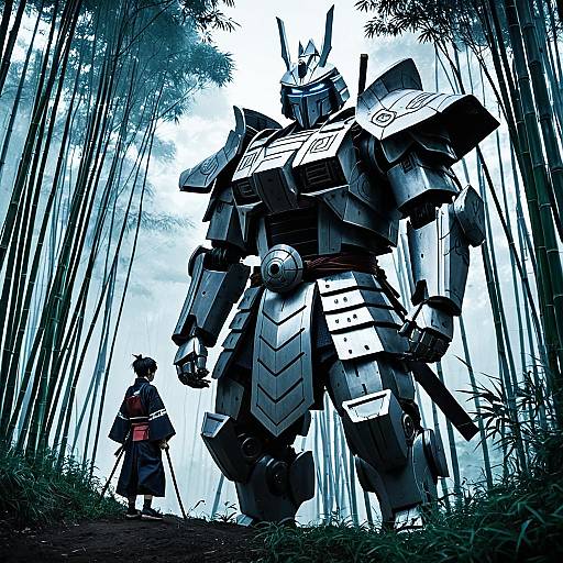 Samurai and Robotic Guardian in Bamboo Forest