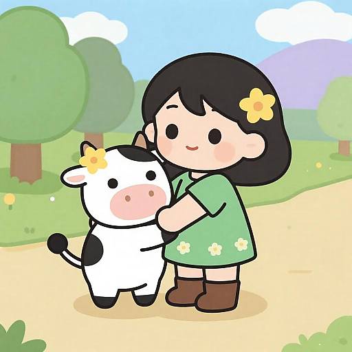 Girl Hugging Cow on Yellow Path
