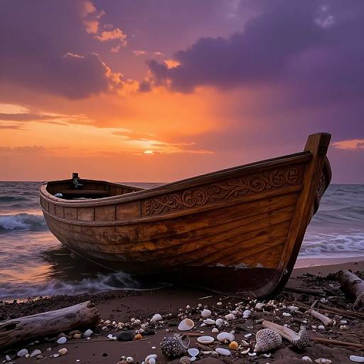 Detailed Wooden Craftboat at Sunset