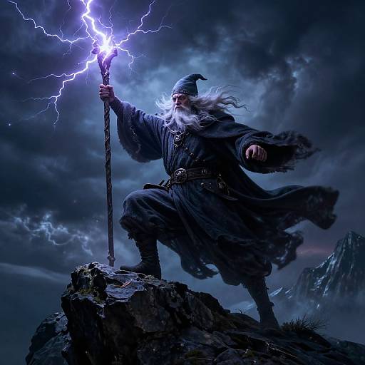 Magical wizard with glowing white beard and hat, holding lightning-tipped staff, stands on rocky peak under stormy, mountainous night sky. Digital