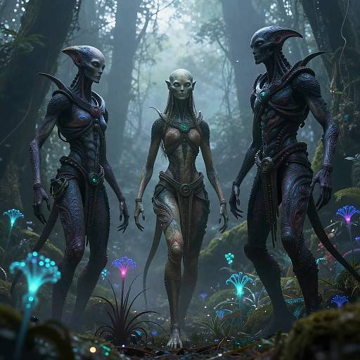 Luminescent Alien Figures in Misty Forest