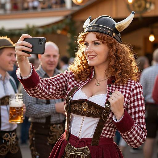 Photograph of a curly-haired woman with Viking helmet, red checkered shirt, and dirndl, taking a selfie at an outdoor Oktoberfest. Bl