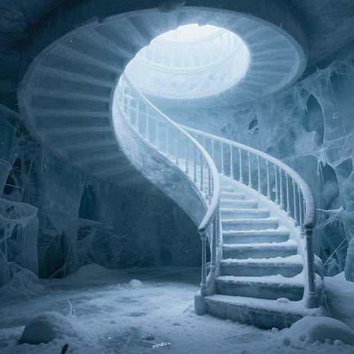 Photograph of an icy, blue-toned spiral staircase in a frozen cave, illuminated by a bright circular light from above.