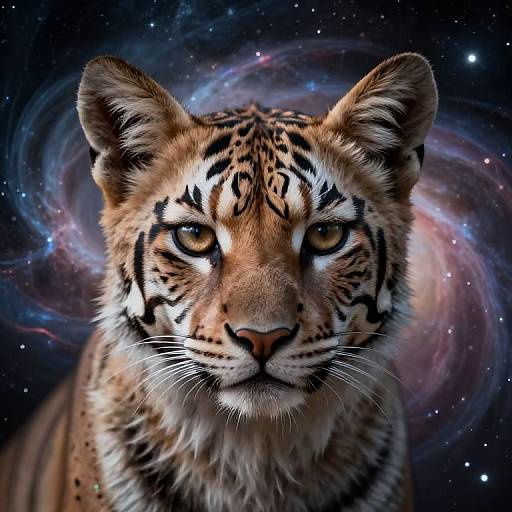 Photorealistic digital art of a tiger's face with intense golden eyes, intricate black stripes, and a swirling galaxy background.