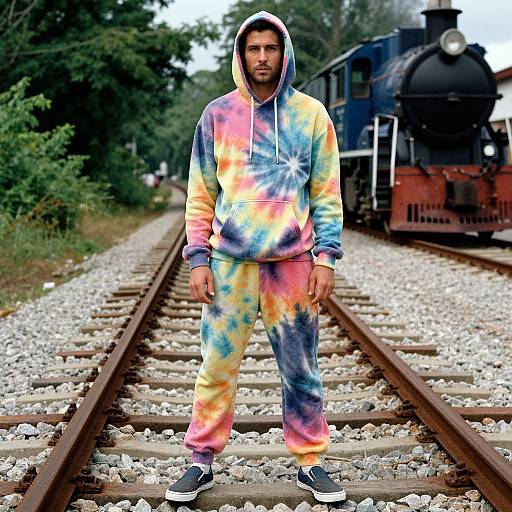 Photograph of a bearded man in a colorful tie-dye hoodie and pants, standing on railway tracks with a train in the background.