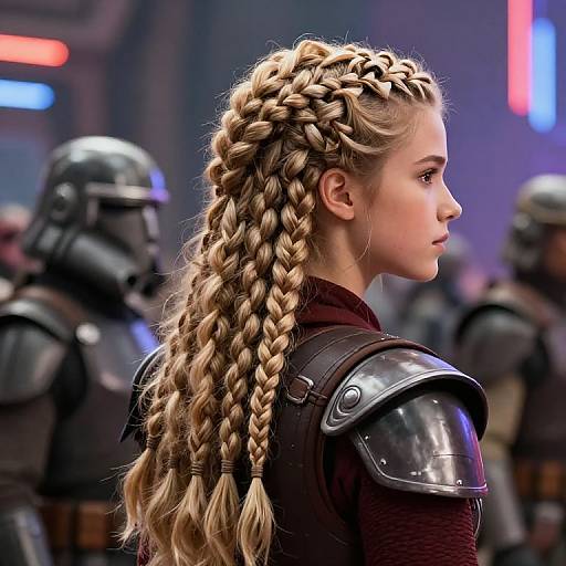 Photograph of a blonde woman with intricately braided hair, wearing armor, in a futuristic, neon-lit setting with blurred stormtroopers.