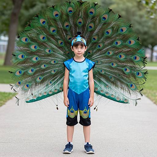 Photograph of a young boy with a large, vibrant peacock tail, wearing a blue tie-dye shirt, black cap, and blue shorts,