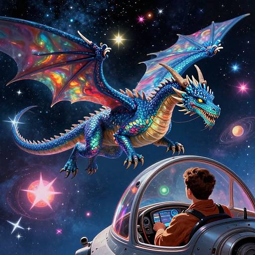 Digital art: Vibrant blue dragon with rainbow wings soaring above a space-craft cockpit, piloted by a man with short brown hair. Stellar background