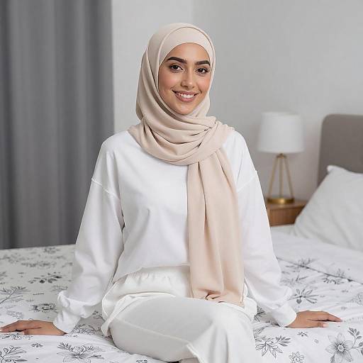 Smiling Woman in Beige Hijab Sitting