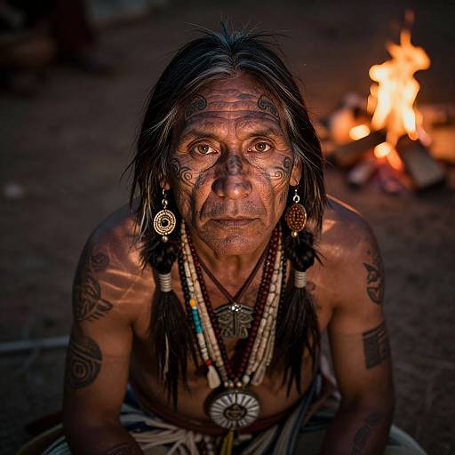 Photograph of an elderly Native American man with long black hair, tribal tattoos, and traditional beads, sitting by a glowing fire at night.