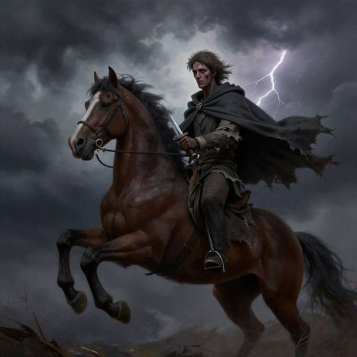 Digital fantasy artwork of a rugged, bearded man in tattered cloak riding a galloping brown horse amidst a stormy sky with lightning.