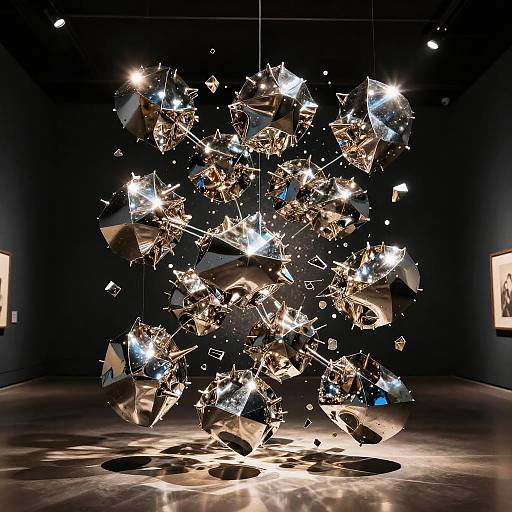 Photograph of a modern art installation featuring a suspended cluster of illuminated, jagged, metallic fragments, casting dynamic shadows on a dark gallery floor.