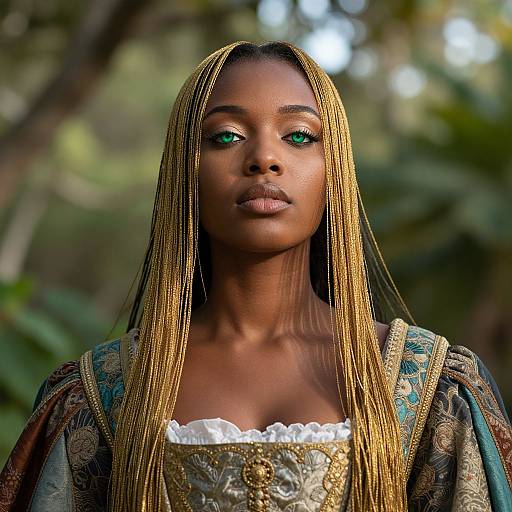 Photograph of a dark-skinned African woman with long, straight, golden braids, green eyes, wearing an ornate, patterned dress with