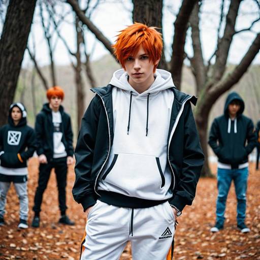 Young Man in Anime Cosplay with Red Hair Outdoors