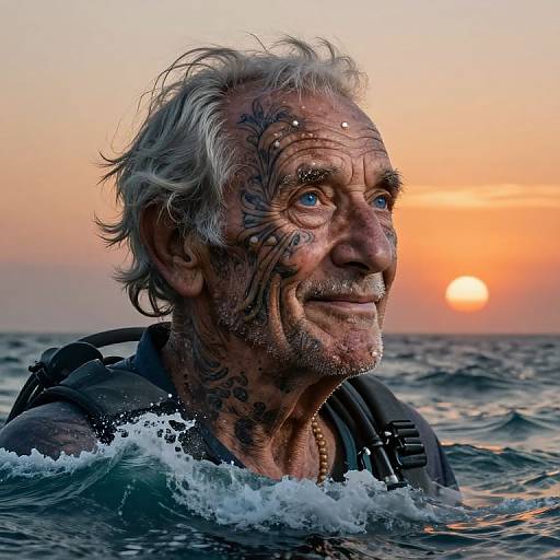 Photograph of an elderly man with white hair, intricate tattoos, and a weathered face, smiling in ocean waves at sunset.