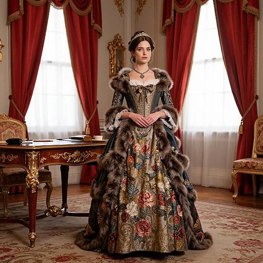 Photograph of a fair-skinned woman in an elaborate Renaissance-style gown with fur trim, standing in a luxurious, red-curtained room.