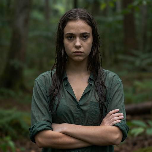 Serious Young Woman in Wet Shirt in Forest