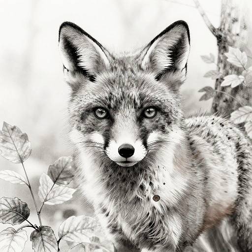 Photorealistic digital drawing of a focused, gray and white fox with piercing eyes, surrounded by blurred leafy foliage in black and white.