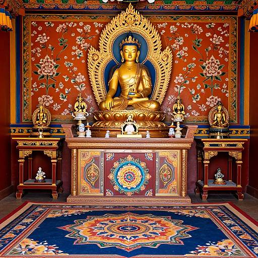 Photograph of a vibrant Buddhist altar with a golden Buddha statue, ornate red floral wallpaper, intricate wooden altar, and colorful geometric rug.