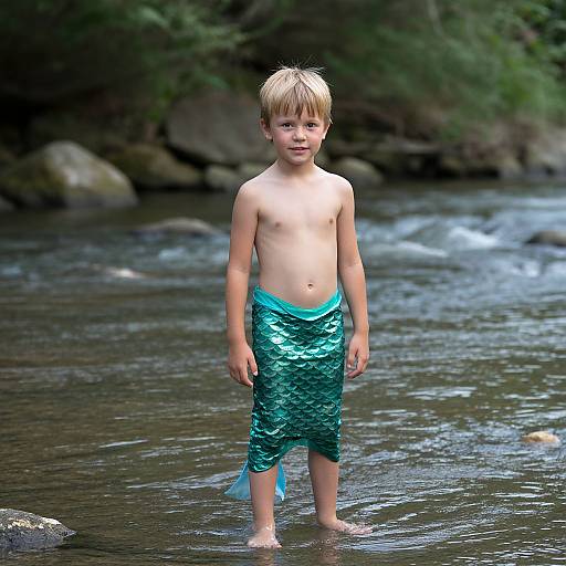 Boy as Little Mermaid in River