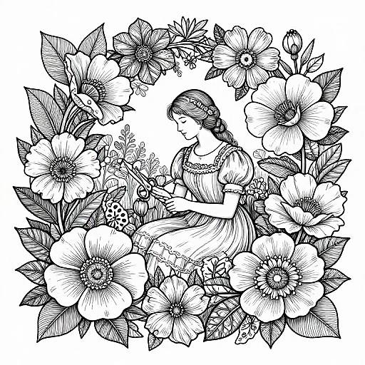 Black and white ink drawing of a woman with braided hair, surrounded by large flowers and leaves, forming a circular frame. Detailed, floral, and