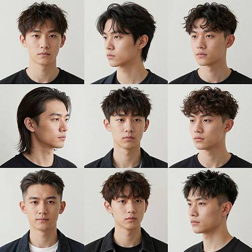 Photograph of nine Asian male portraits with varied black hairstyles, including straight, tousled, and side-swept, all wearing black shirts against a