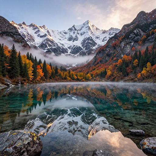 Photograph of a serene mountain lake reflecting snowy peaks, vibrant autumn forest, and misty sky, with clear water and rocky foreground.