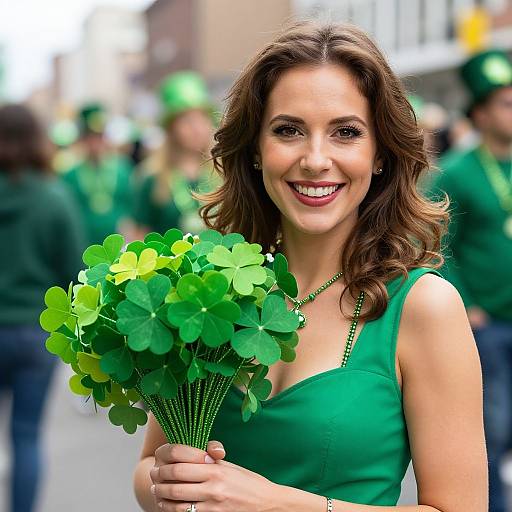 Smiling Woman with Shamrocks Bouquet
