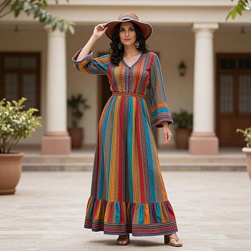 Photograph of a woman with long black hair, wearing a colorful, striped embroidered dress and wide-brimmed hat, standing on a tiled porch with