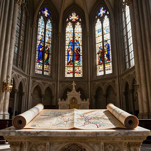 Photograph of a Gothic cathedral interior, featuring colorful stained glass windows, marble altar with rolled parchments, and intricate carvings.