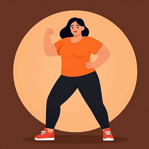 Digital illustration of a plus-sized woman with black hair, wearing an orange shirt, black pants, and red sneakers, striking a confident pose against a large