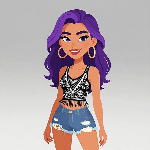 Digital drawing of a smiling woman with purple hair, large hoop earrings, black patterned crop top, and distressed denim shorts.