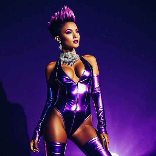 Woman in Iridescent Purple Bodysuit and Thigh-High Boots