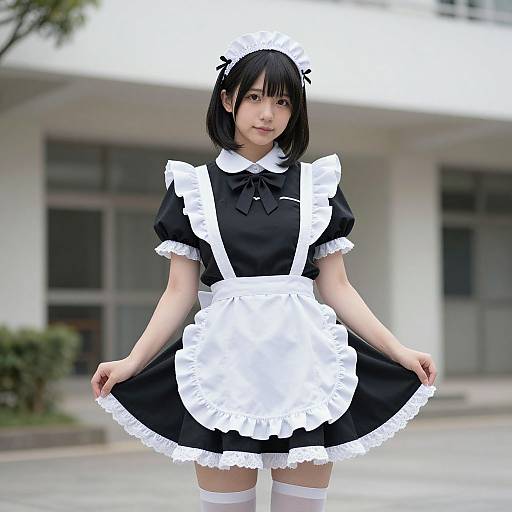 Photograph of a young Asian woman in a black and white French maid outfit, standing outdoors, holding her skirt, with a blurred modern building background.