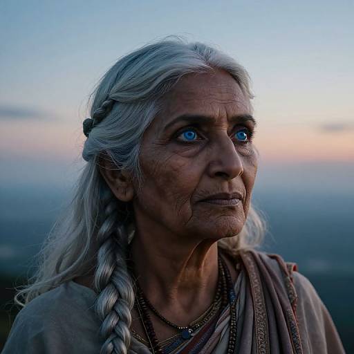 Photograph of an elderly Native American woman with long, braided white hair, striking blue eyes, and deep wrinkles, wearing a tan dress, against