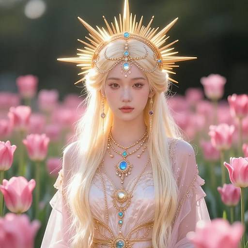 Photograph of a young woman with long blonde hair, wearing a gold sun crown, blue gemstone jewelry, and a sheer pink dress, standing in