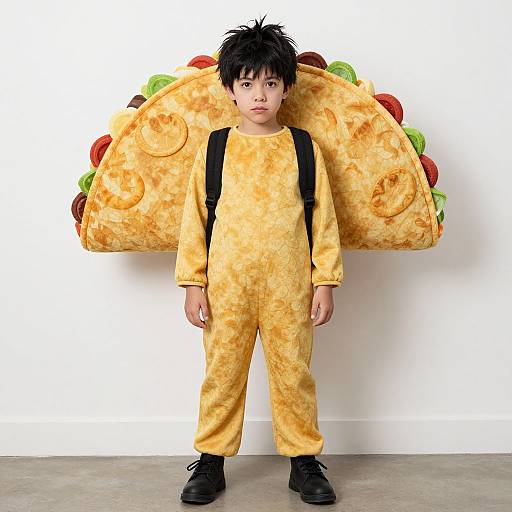 Photograph of an Asian boy in a yellow taco-themed onesie with oversized taco backpack, black shoes, and spiky black hair, standing against a
