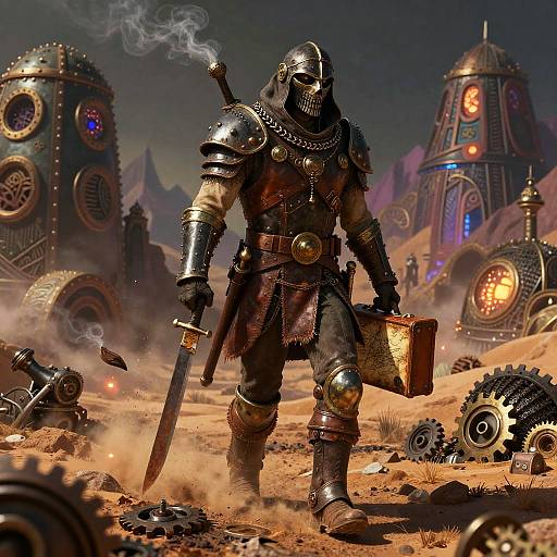 Digital artwork of a armored knight with a helmet, sword, and briefcase, standing in a dusty, steampunk desert with futuristic towers and gears