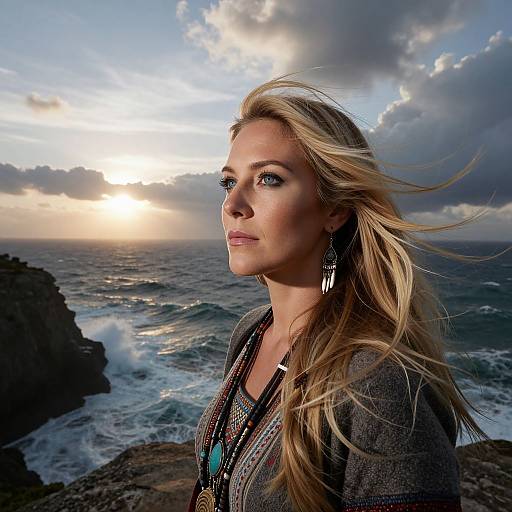 Photograph of a blonde woman with flowing hair, blue eyes, and long earrings, standing by a rocky ocean shoreline during sunset.