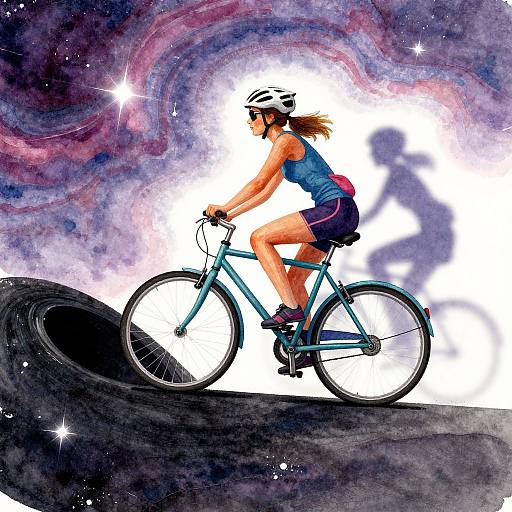 Digital art: Athlete in blue tank top and black shorts rides blue bike over black tire against colorful, starry galaxy background.