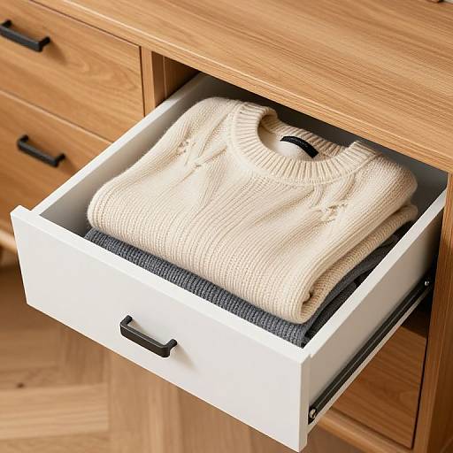 Photograph of a beige knitted sweater neatly folded in an open wooden drawer with black handles, set in a light wood dresser.