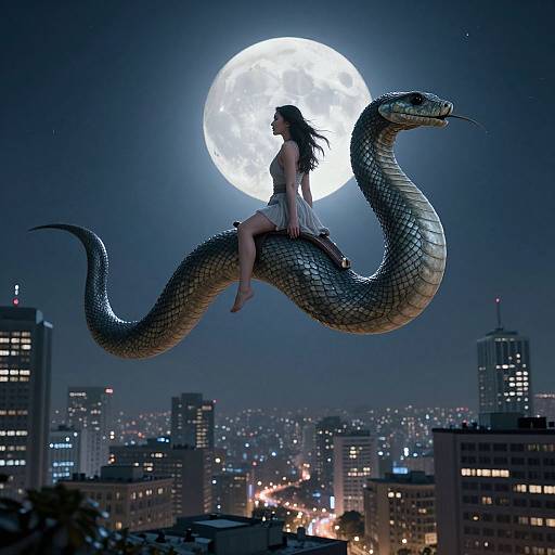 Photograph-style digital art: Silhouette of woman in white dress riding large snake against full moon, city skyline with illuminated buildings below.